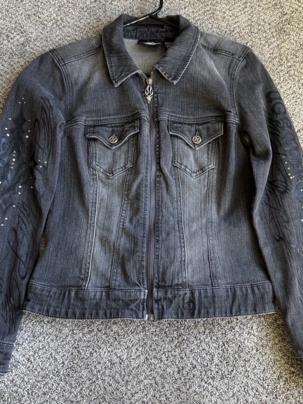 Harley Davidson Women's Washed Black Denim Jacket with Zip Front